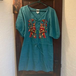 Ivy Jane Small Linen Embroidered Teal Mini Dress